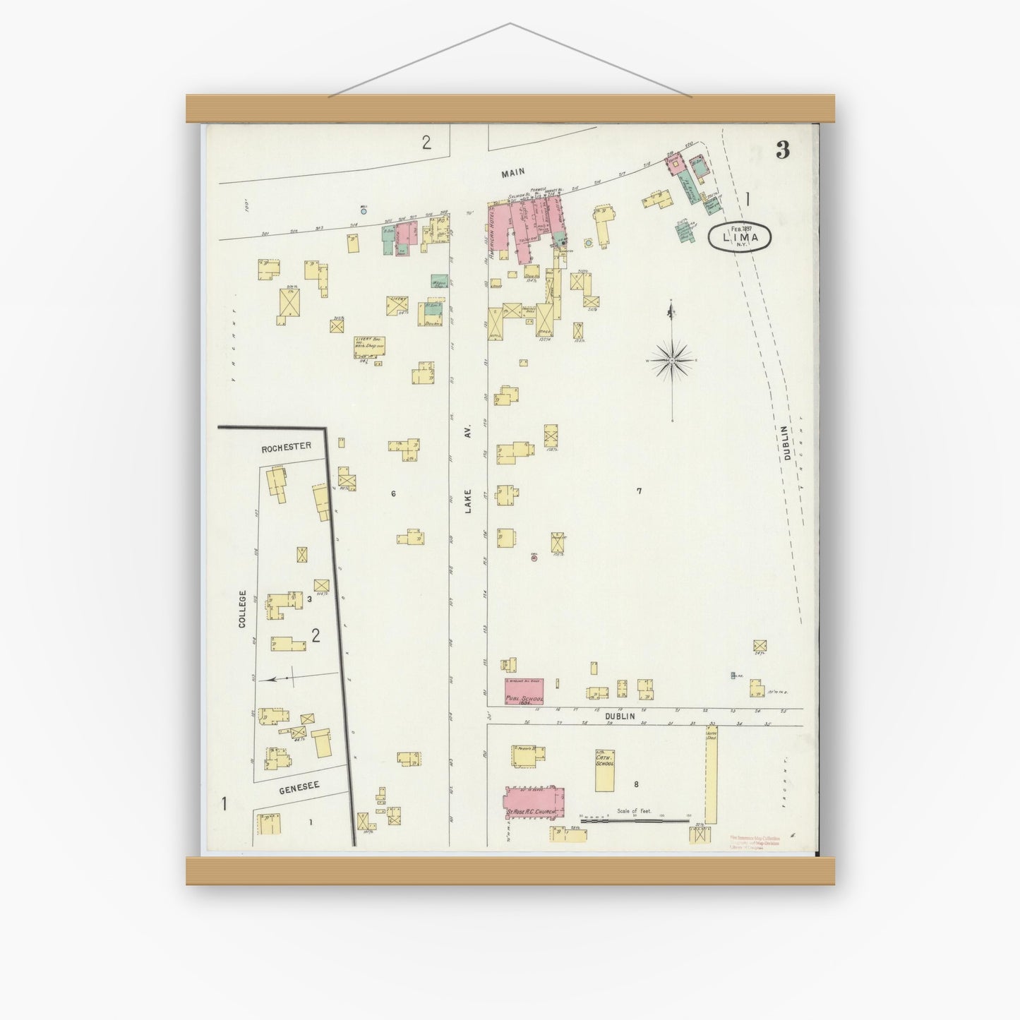 Old map wall art mockup — magnetic wood frame on white wall — Sanborn Fire Insurance Map from Lima, Livingston County, New York (1897), Sheet #0003