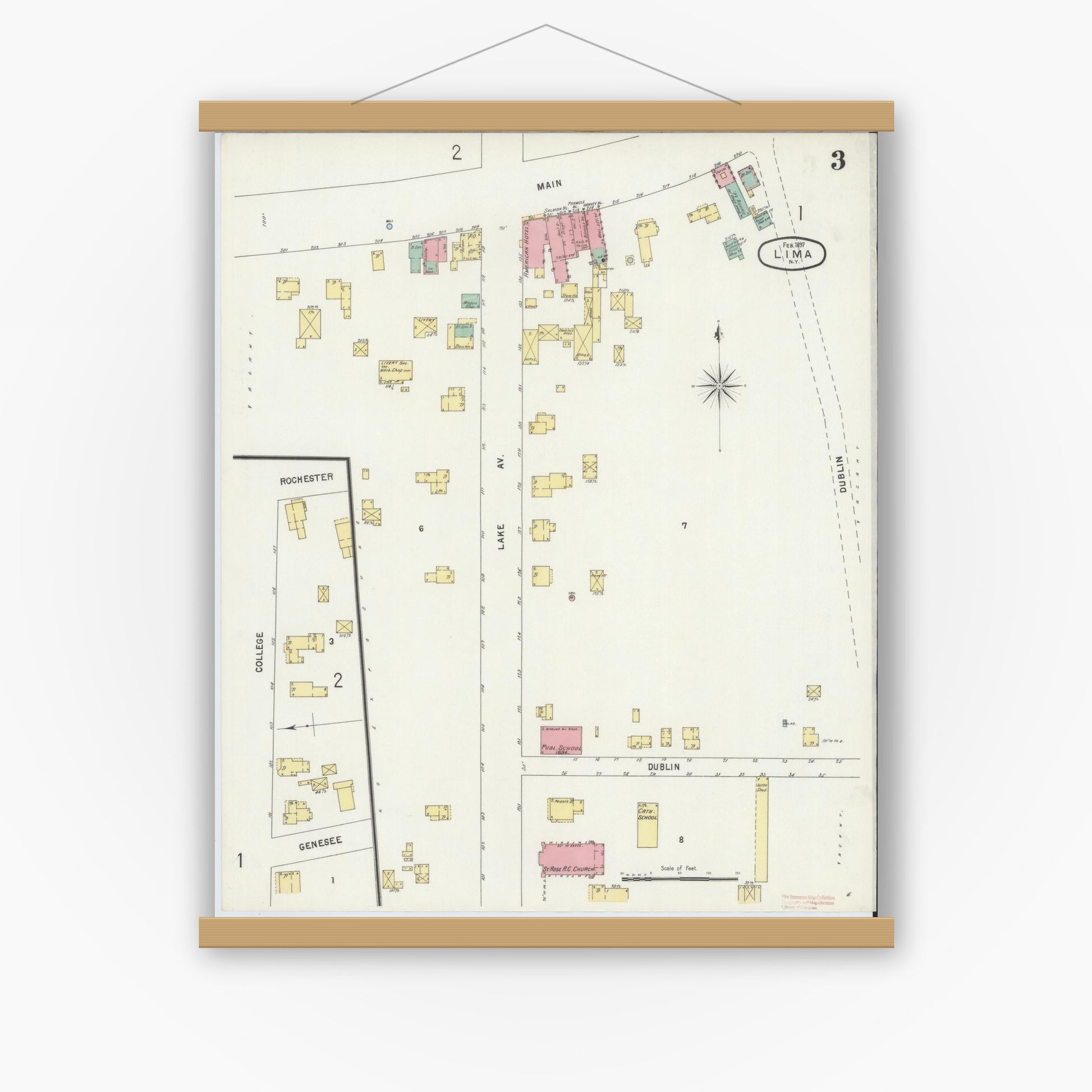 Old map wall art mockup — magnetic wood frame on white wall — Sanborn Fire Insurance Map from Lima, Livingston County, New York (1897), Sheet #0003