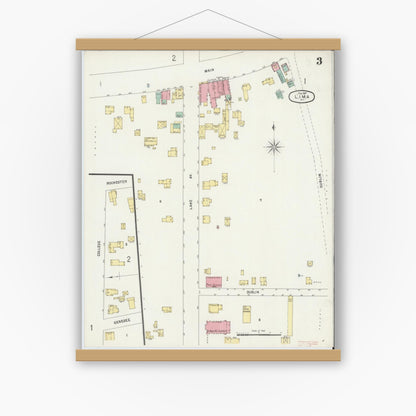 Old map wall art mockup — magnetic wood frame on white wall — Sanborn Fire Insurance Map from Lima, Livingston County, New York (1897), Sheet #0003