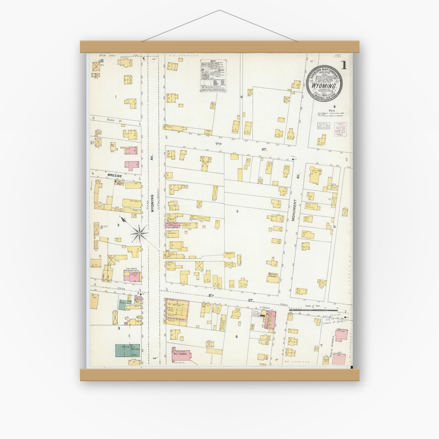 Old map wall art mockup — magnetic wood frame on white wall — Sanborn Fire Insurance Map from Wyoming, Luzerne County, Pennsylvania (1903), Sheet #0001