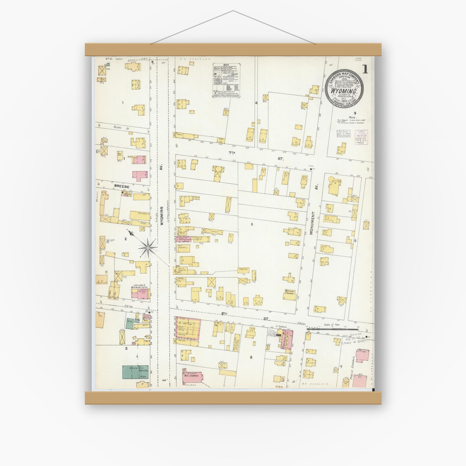 Old map wall art mockup — magnetic wood frame on white wall — Sanborn Fire Insurance Map from Wyoming, Luzerne County, Pennsylvania (1903), Sheet #0001