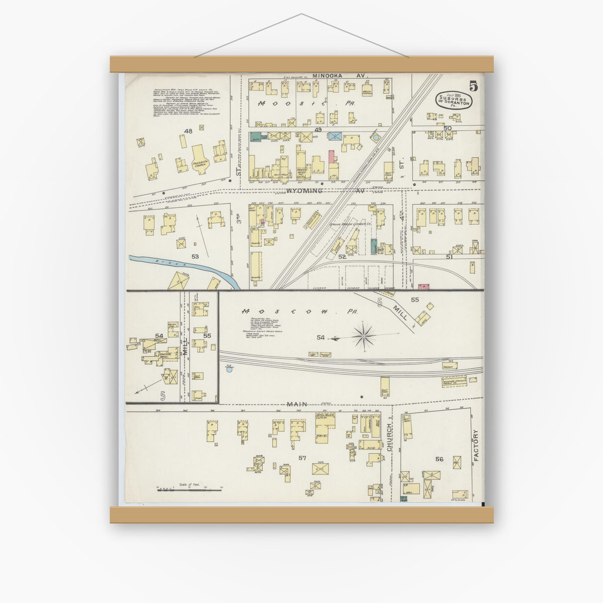 Old map wall art mockup — magnetic wood frame on white wall — Sanborn Fire Insurance Map from Scranton Suburbs, Lackawanna County, Pennsylvania (1893), Sheet #0005