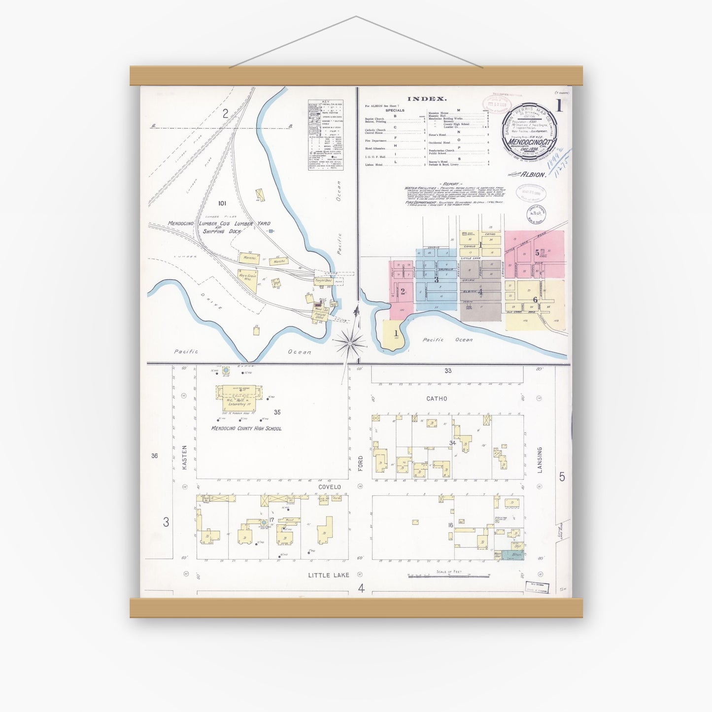 Old map wall art mockup — magnetic wood frame on white wall — Sanborn Fire Insurance Map from Mendocino, Mendocino County, California (1898) - Complete Map Set