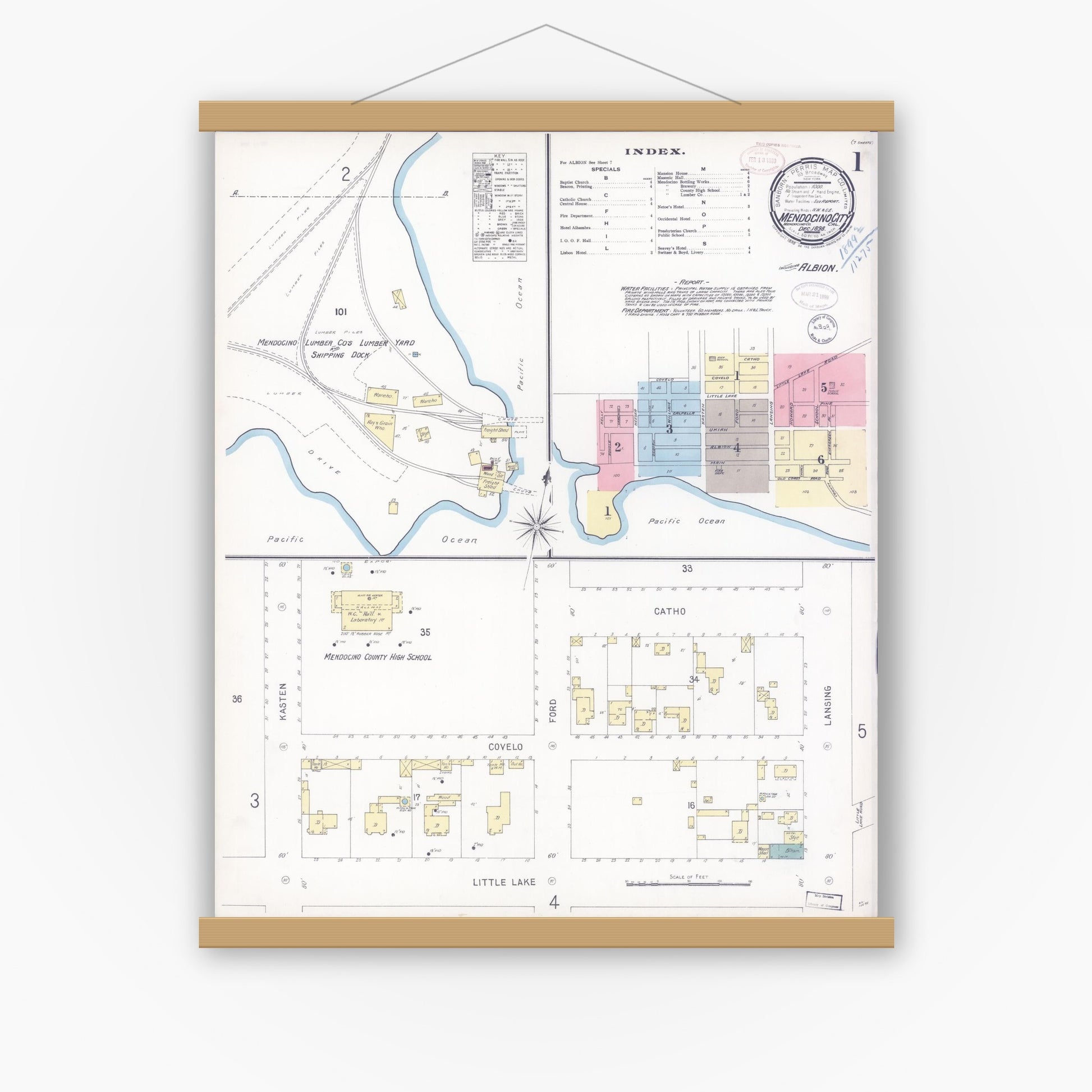 Old map wall art mockup — magnetic wood frame on white wall — Sanborn Fire Insurance Map from Mendocino, Mendocino County, California (1898) - Complete Map Set