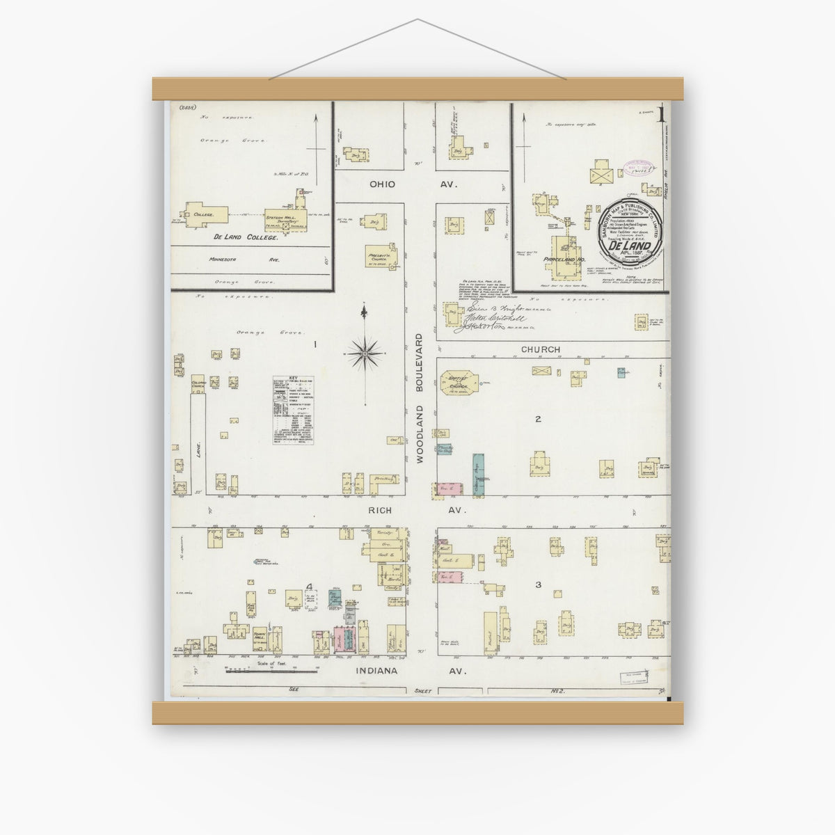 Old map wall art mockup — magnetic wood frame on white wall — Sanborn Fire Insurance Map from De Land, Volusia County, Florida (1887) - Complete Map Set