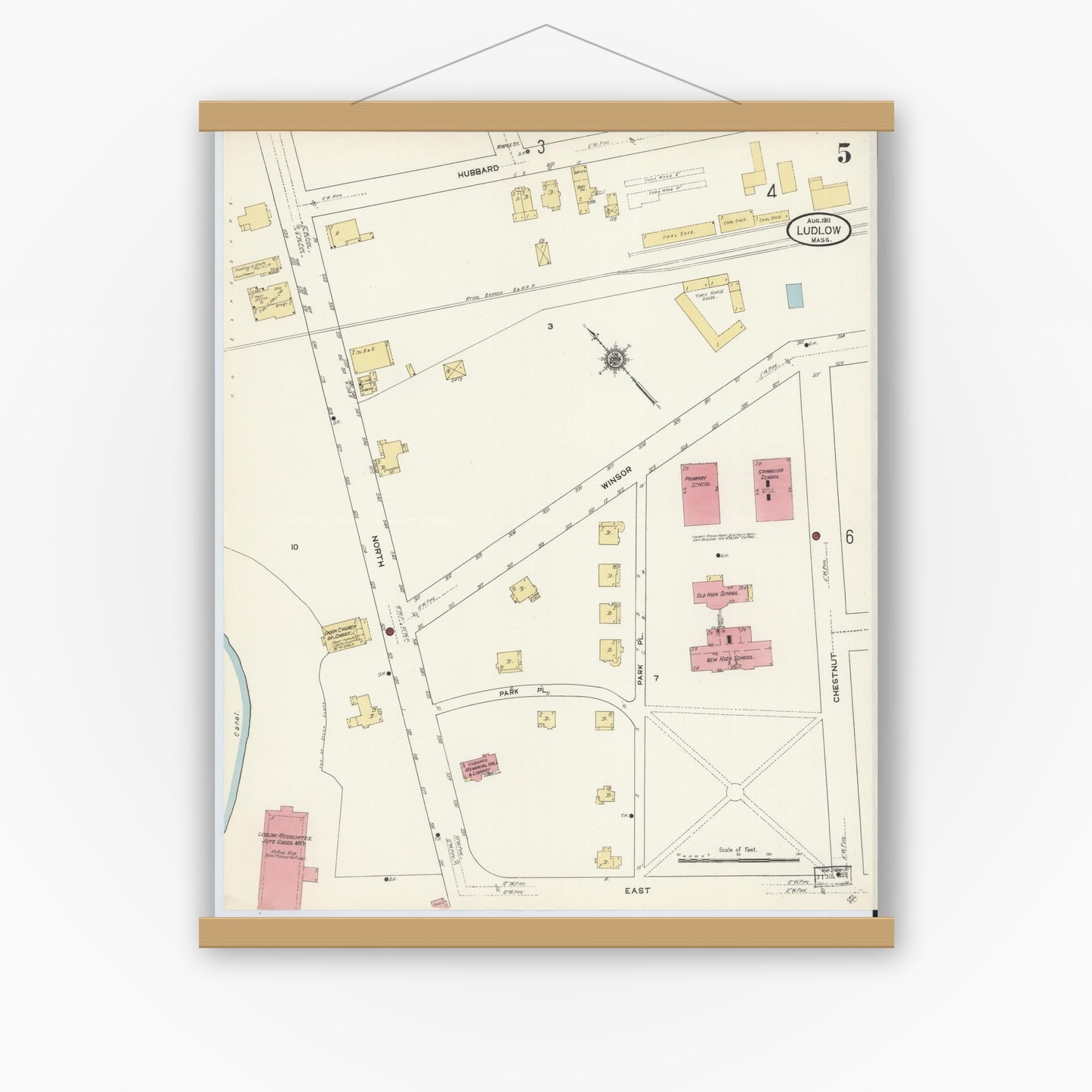 Old map wall art mockup — magnetic wood frame on white wall — Sanborn Fire Insurance Map from Ludlow, Hampden County, Massachusetts (1911), Sheet #0005