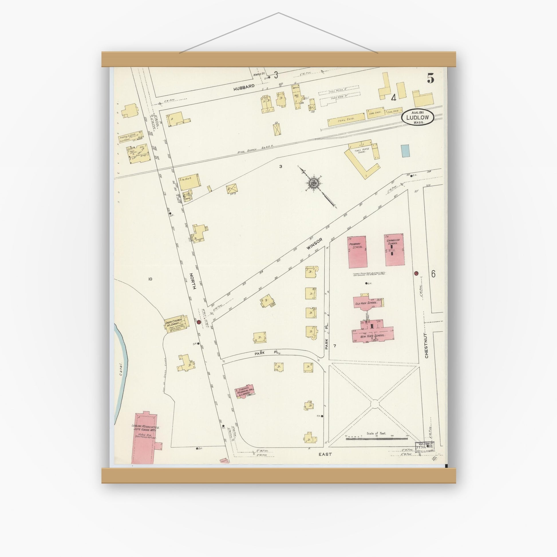 Old map wall art mockup — magnetic wood frame on white wall — Sanborn Fire Insurance Map from Ludlow, Hampden County, Massachusetts (1911), Sheet #0005