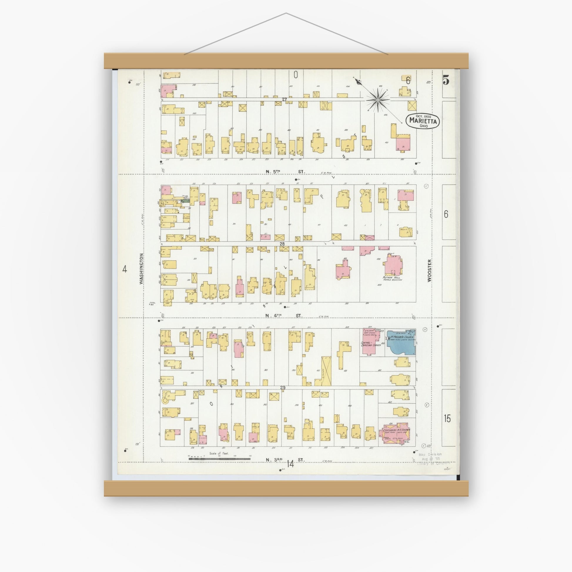 Old map wall art mockup — magnetic wood frame on white wall — Sanborn Fire Insurance Map from Marietta, Washington County, Ohio (1900), Sheet #0005