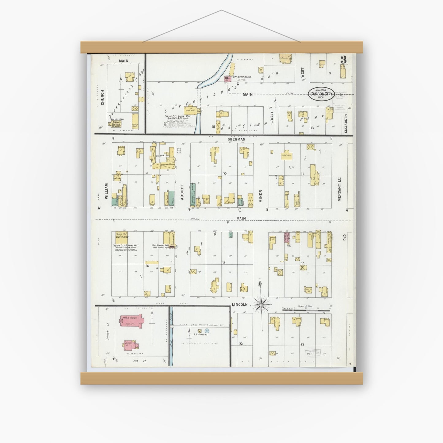 Old map wall art mockup — magnetic wood frame on white wall — Sanborn Fire Insurance Map from Carson City, Montcalm County, Michigan (1900), Sheet #0003