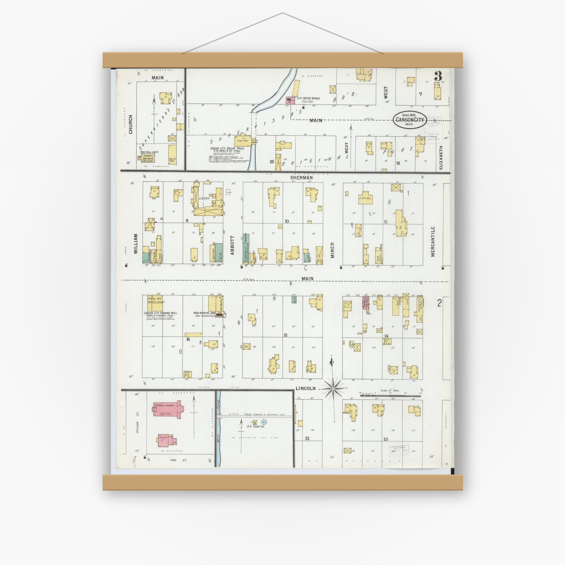 Old map wall art mockup — magnetic wood frame on white wall — Sanborn Fire Insurance Map from Carson City, Montcalm County, Michigan (1900), Sheet #0003