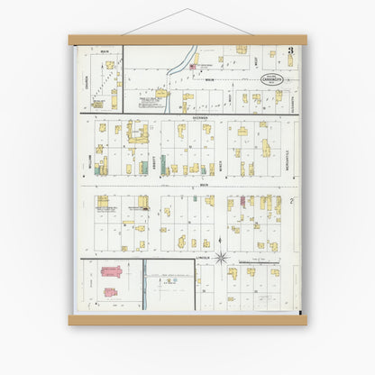 Old map wall art mockup — magnetic wood frame on white wall — Sanborn Fire Insurance Map from Carson City, Montcalm County, Michigan (1900), Sheet #0003