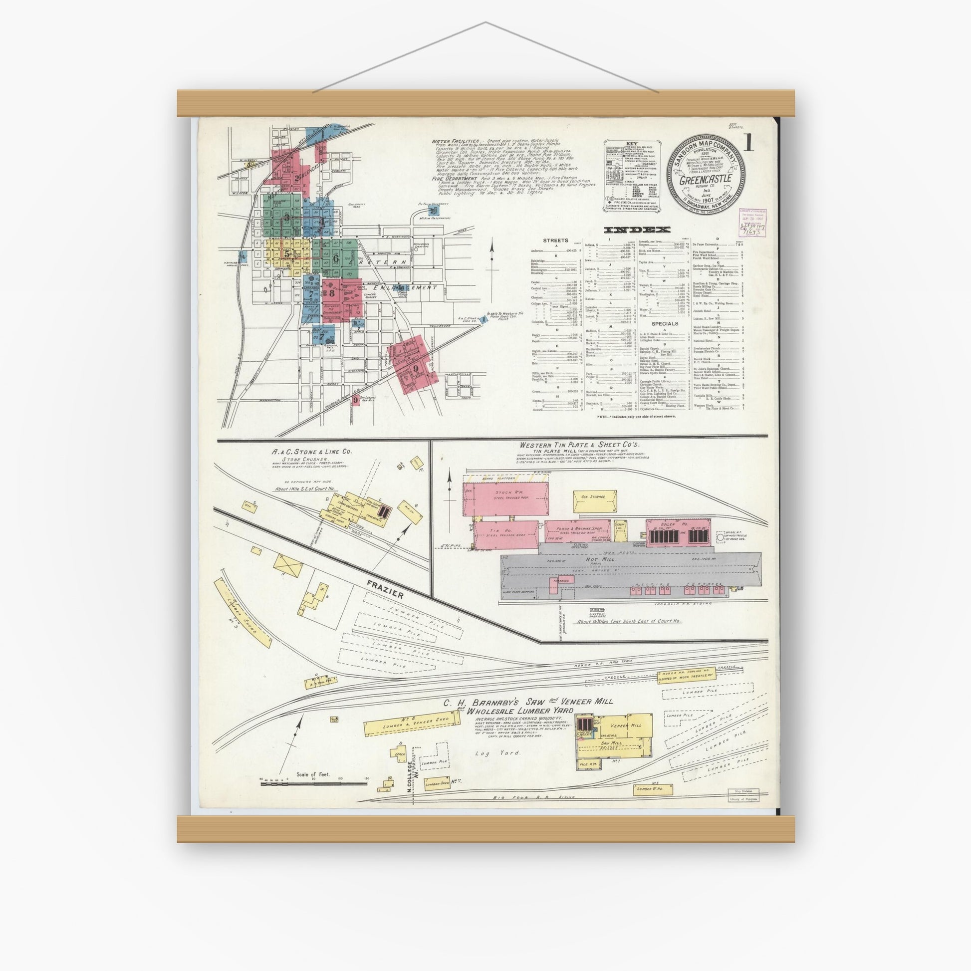 Old map wall art mockup — magnetic wood frame on white wall — Sanborn Fire Insurance Map from Greencastle, Putnam County, Indiana (1907) - Complete Map Set