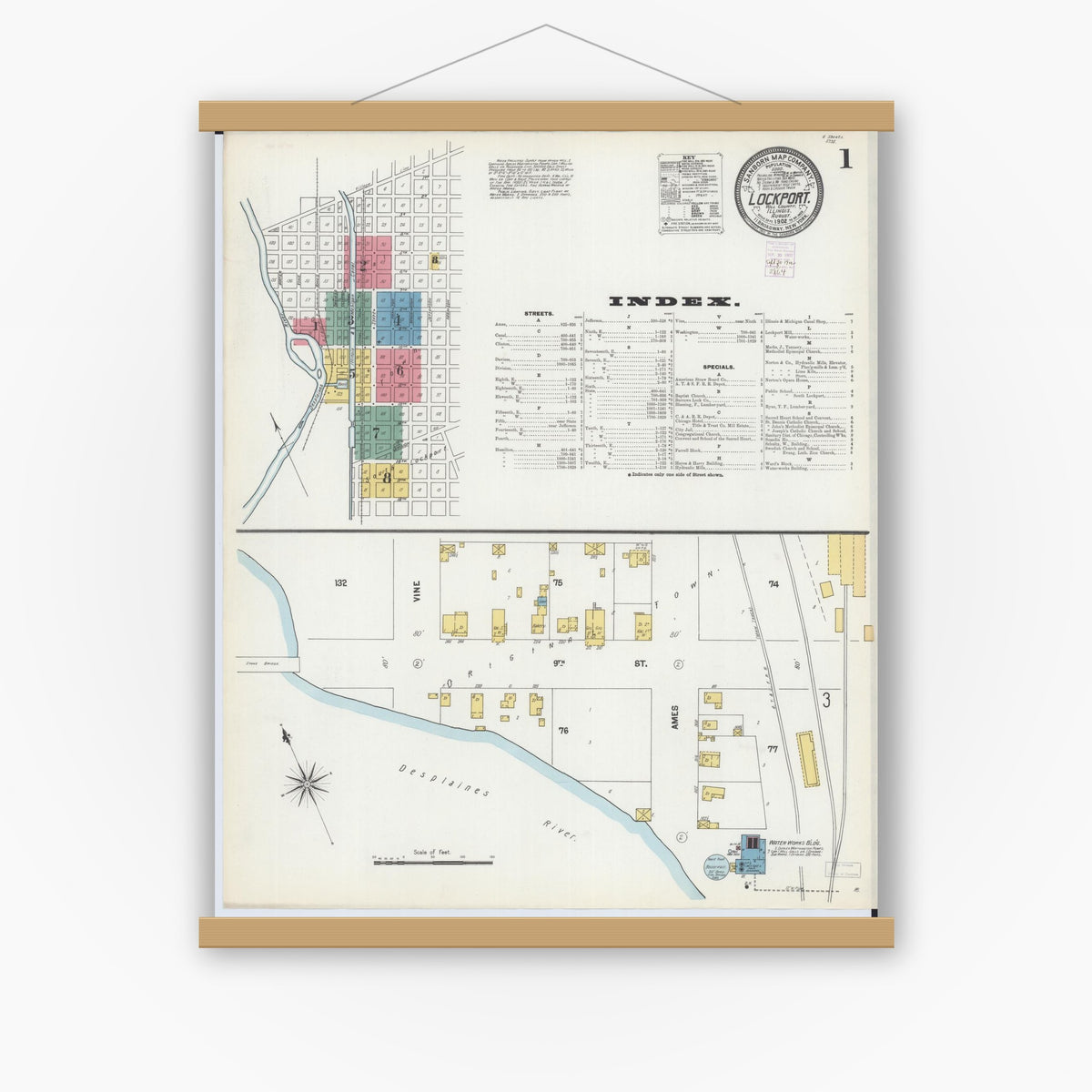 Old map wall art mockup — magnetic wood frame on white wall — Sanborn Fire Insurance Map from Lockport, Will County, Illinois (1902), Sheet #0001