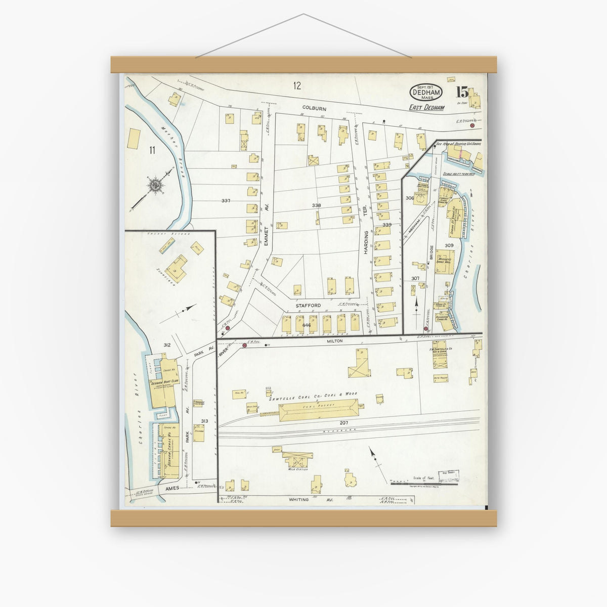 Old map wall art mockup — magnetic wood frame on white wall — Sanborn Fire Insurance Map from Dedham, Norfolk County, Massachusetts (1917), Sheet #0015