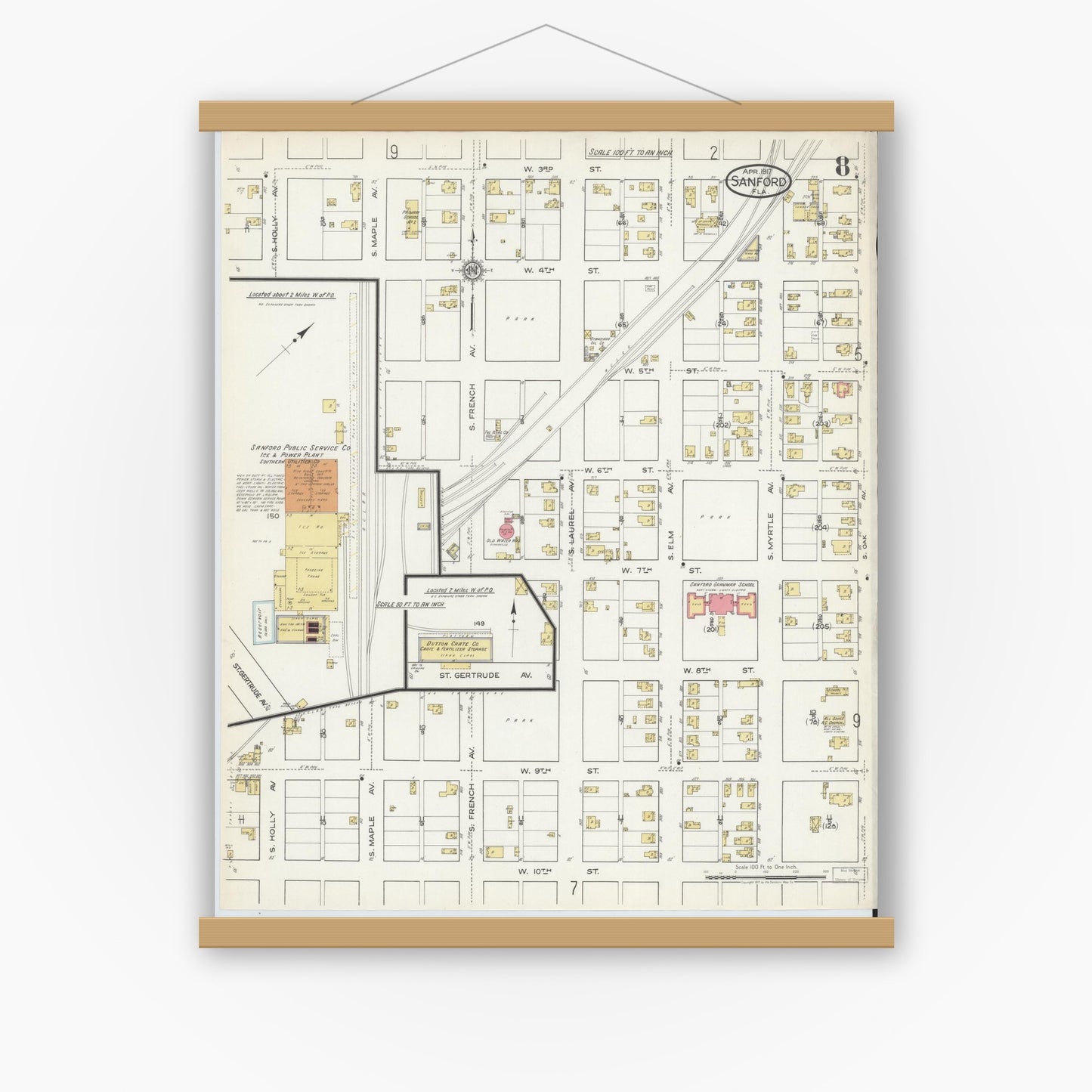 Old map wall art mockup — magnetic wood frame on white wall — Sanborn Fire Insurance Map from Sanford, Seminole County, Florida (1917), Sheet #0008