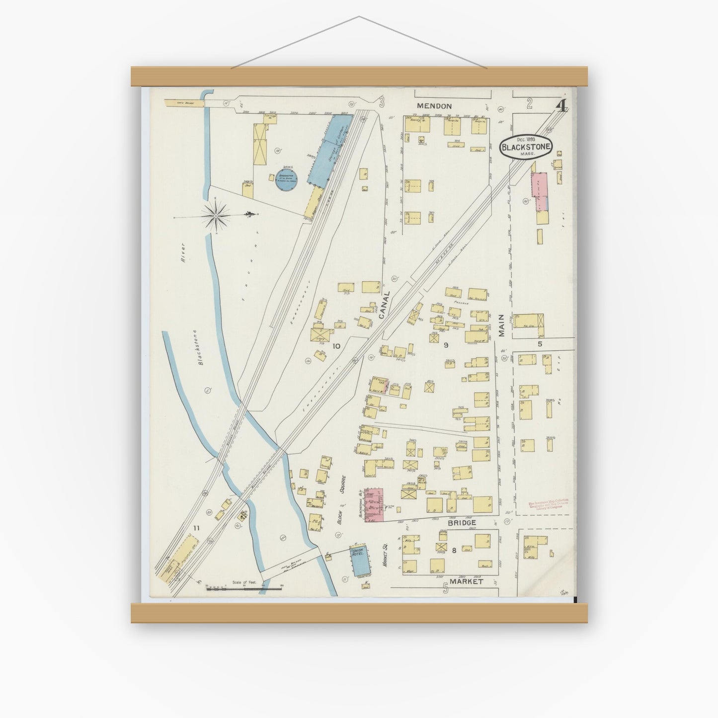 Old map wall art mockup — magnetic wood frame on white wall — Sanborn Fire Insurance Map from Blackstone, Worcester County, Massachusetts (1893), Sheet #0004