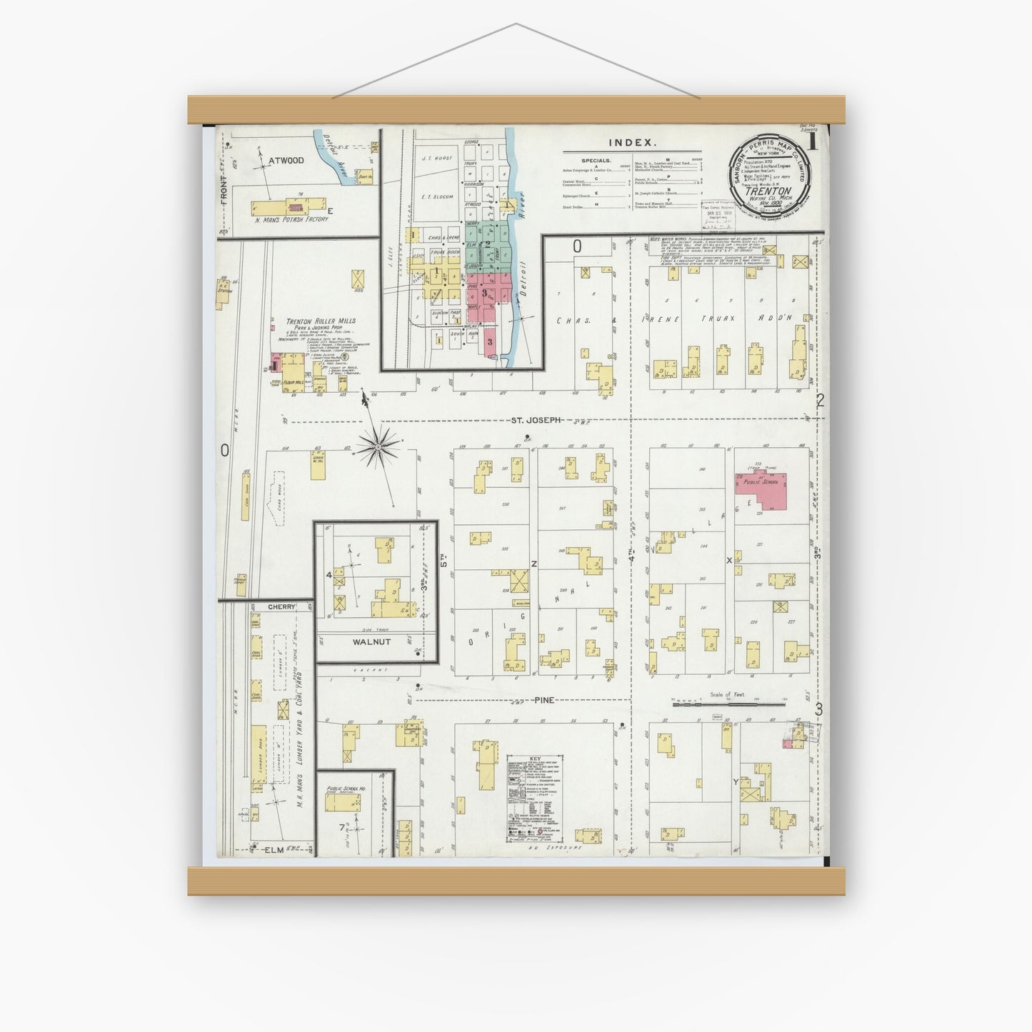 Old map wall art mockup — magnetic wood frame on white wall — Sanborn Fire Insurance Map from Trenton, Wayne County, Michigan (1900), Sheet #0001