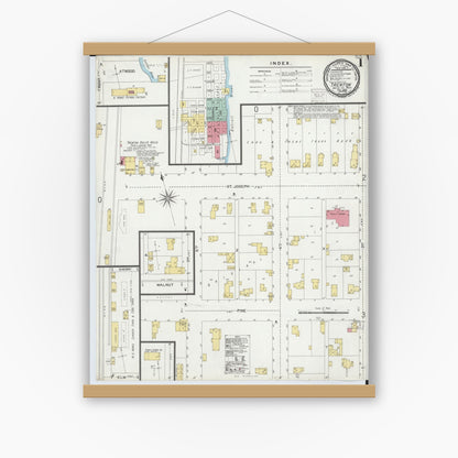 Old map wall art mockup — magnetic wood frame on white wall — Sanborn Fire Insurance Map from Trenton, Wayne County, Michigan (1900), Sheet #0001