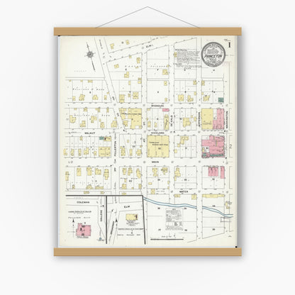 Old map wall art mockup — magnetic wood frame on white wall — Sanborn Fire Insurance Map from Princeton, Mercer County, Missouri (1909) - Complete Map Set