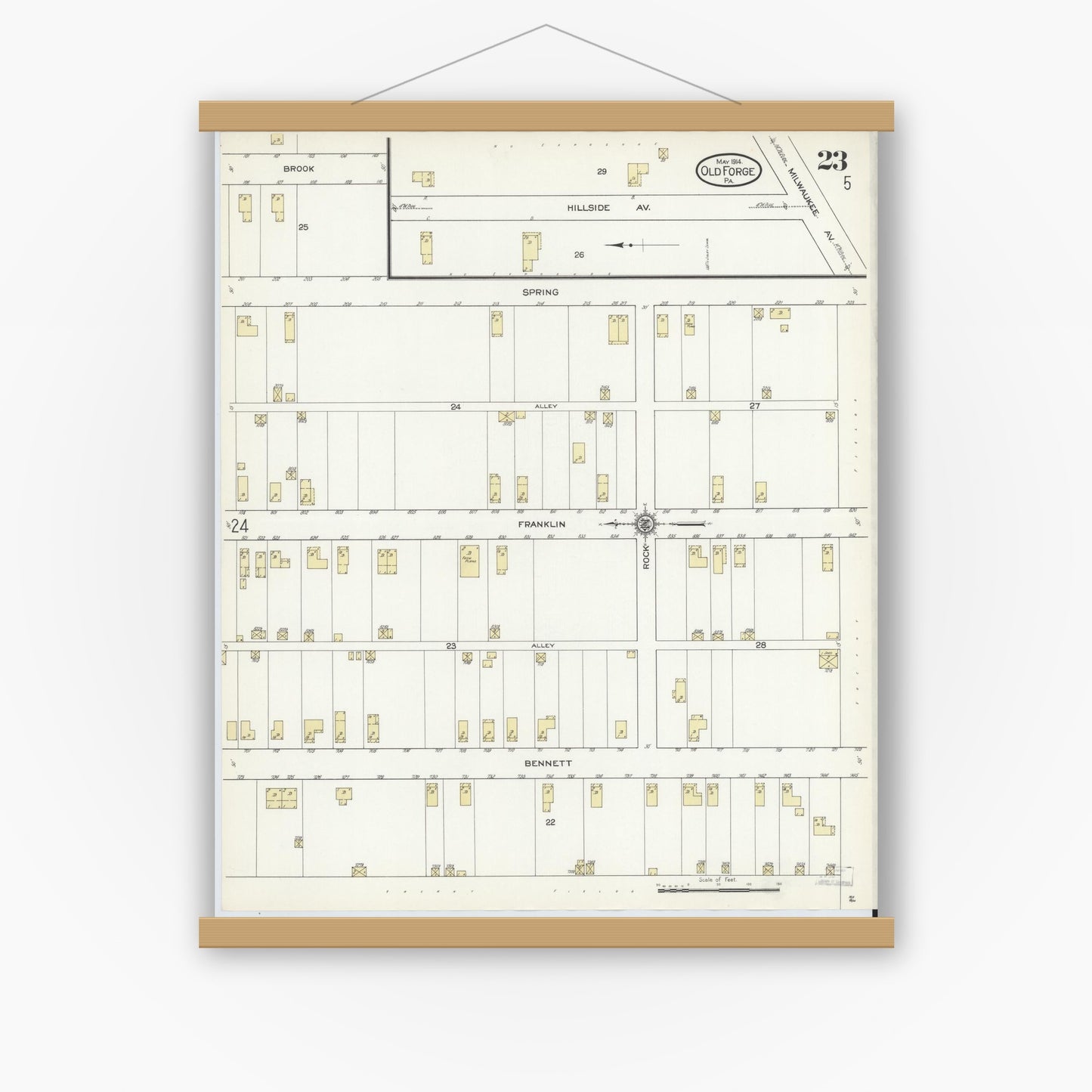 Old map wall art mockup — magnetic wood frame on white wall — Sanborn Fire Insurance Map from Old Forge, Lackawanna County, Pennsylvania (1914), Sheet #0023