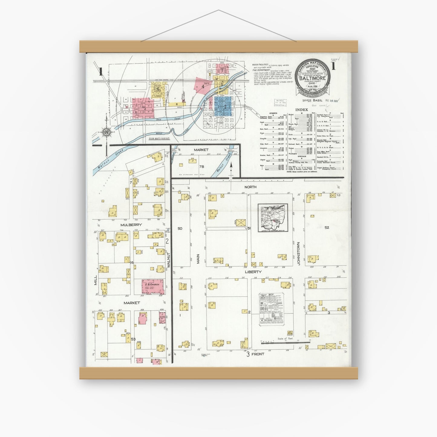 Old map wall art mockup — magnetic wood frame on white wall — Sanborn Fire Insurance Map from Baltimore, Fairfield County, Ohio (1926), Sheet #0001