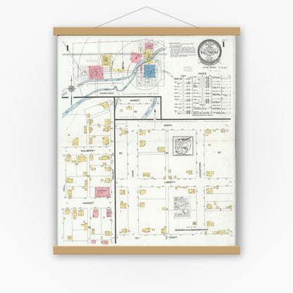 Old map wall art mockup — magnetic wood frame on white wall — Sanborn Fire Insurance Map from Baltimore, Fairfield County, Ohio (1926), Sheet #0001