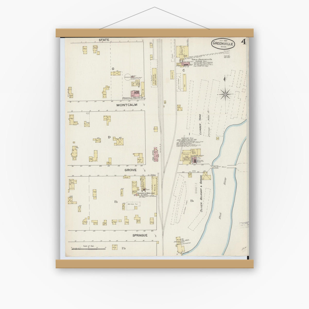Old map wall art mockup — magnetic wood frame on white wall — Sanborn Fire Insurance Map from Greenville, Montcalm County, Michigan (1887), Sheet #0004