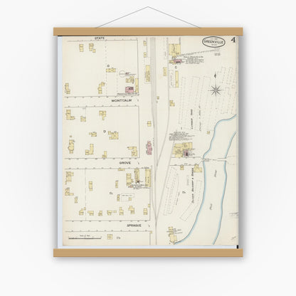 Old map wall art mockup — magnetic wood frame on white wall — Sanborn Fire Insurance Map from Greenville, Montcalm County, Michigan (1887), Sheet #0004
