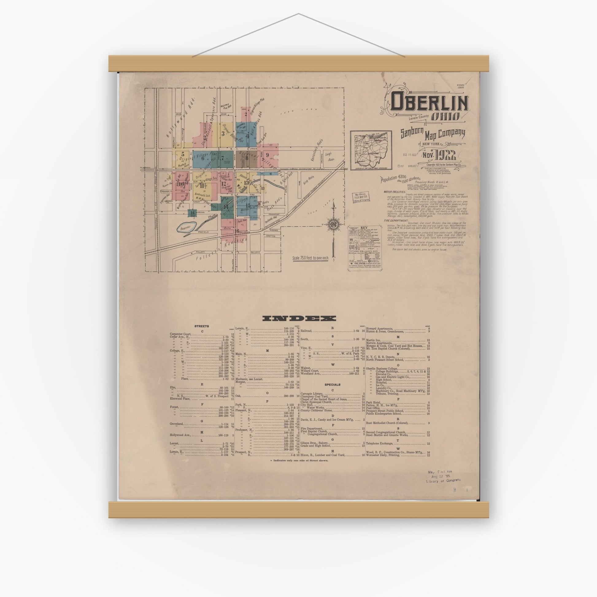 Old map wall art mockup — magnetic wood frame on white wall — Sanborn Fire Insurance Map from Oberlin, Lorain County, Ohio (1922) - Complete Map Set