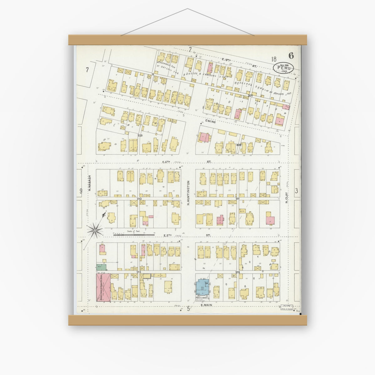 Old map wall art mockup — magnetic wood frame on white wall — Sanborn Fire Insurance Map from Peru, Miami County, Indiana (1906), Sheet #0006