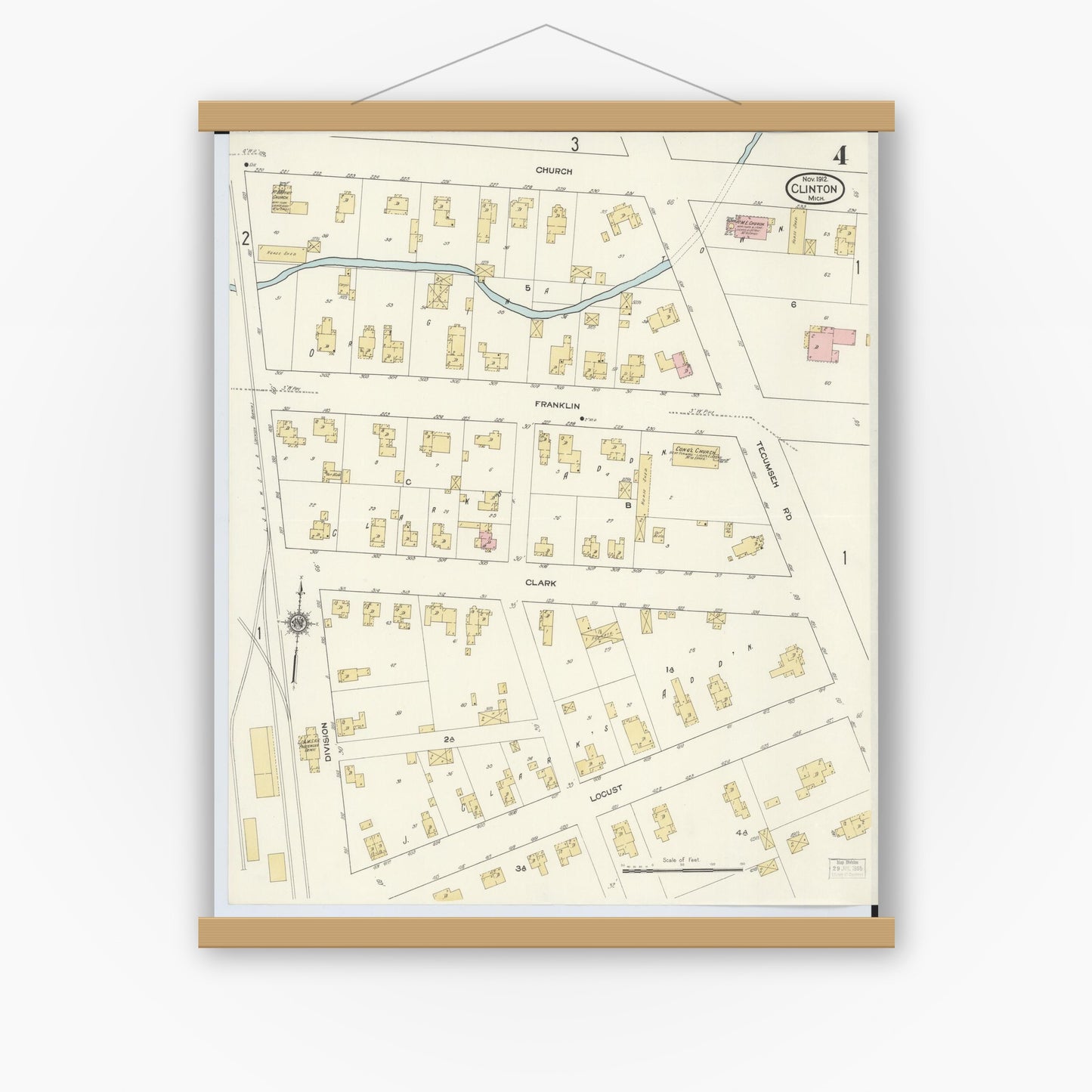 Old map wall art mockup — magnetic wood frame on white wall — Sanborn Fire Insurance Map from Clinton, Lenawee County, Michigan (1912), Sheet #0004
