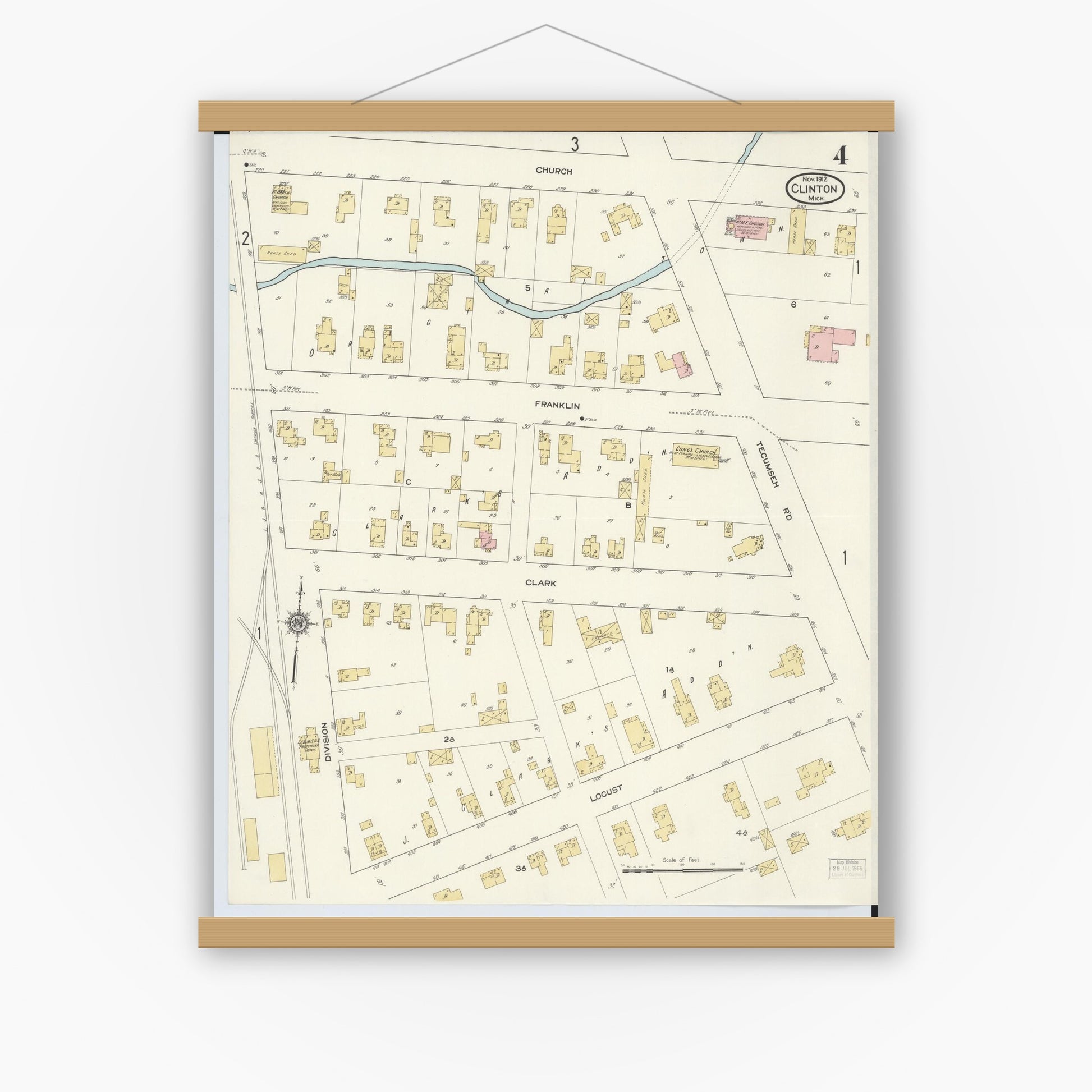 Old map wall art mockup — magnetic wood frame on white wall — Sanborn Fire Insurance Map from Clinton, Lenawee County, Michigan (1912), Sheet #0004