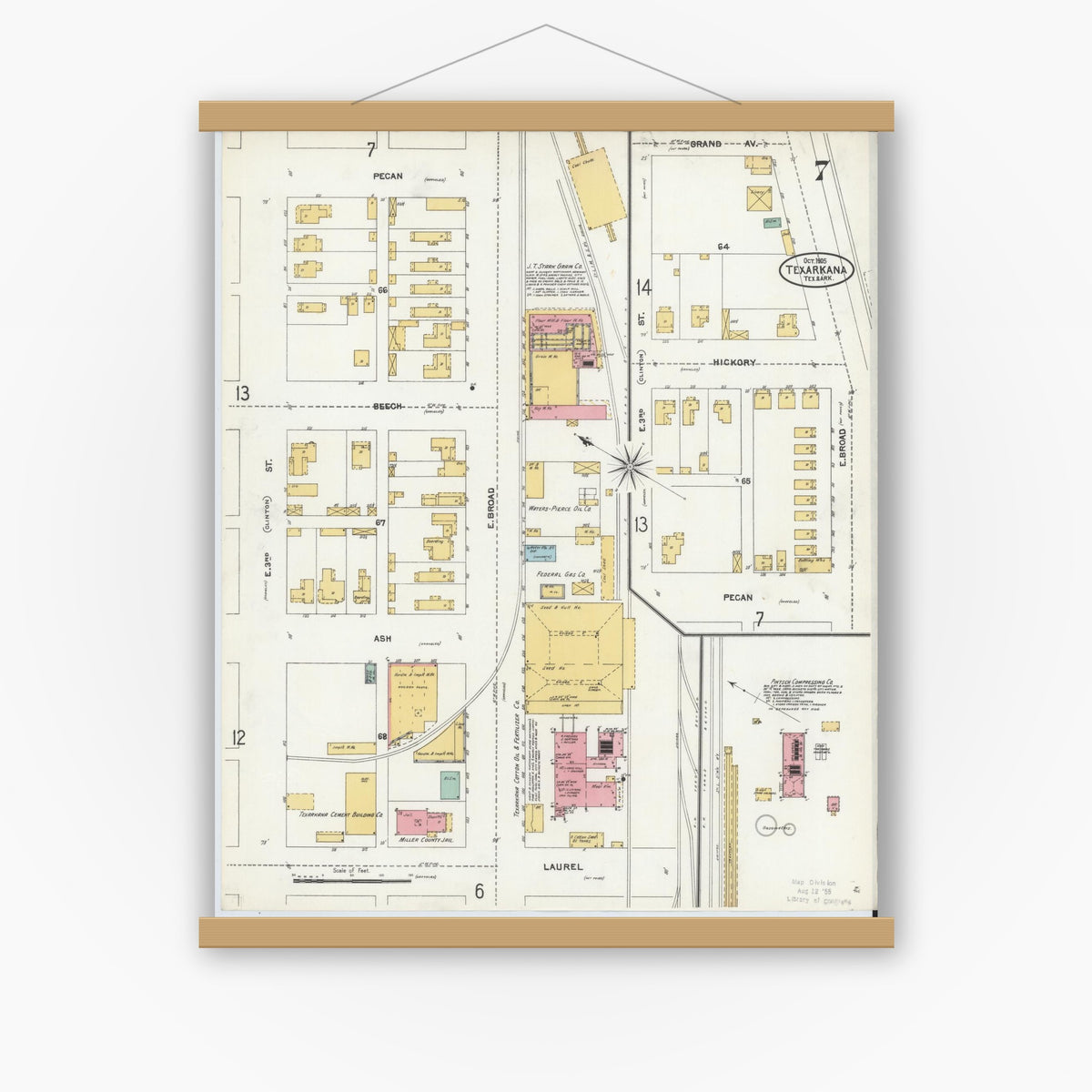 Old map wall art mockup — magnetic wood frame on white wall — Sanborn Fire Insurance Map from Texarkana, Bowie County, Texas (1905), Sheet #0007