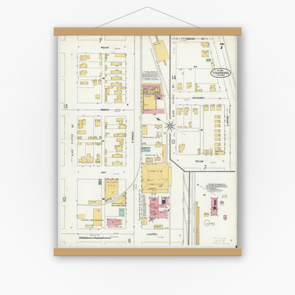 Old map wall art mockup — magnetic wood frame on white wall — Sanborn Fire Insurance Map from Texarkana, Bowie County, Texas (1905), Sheet #0007