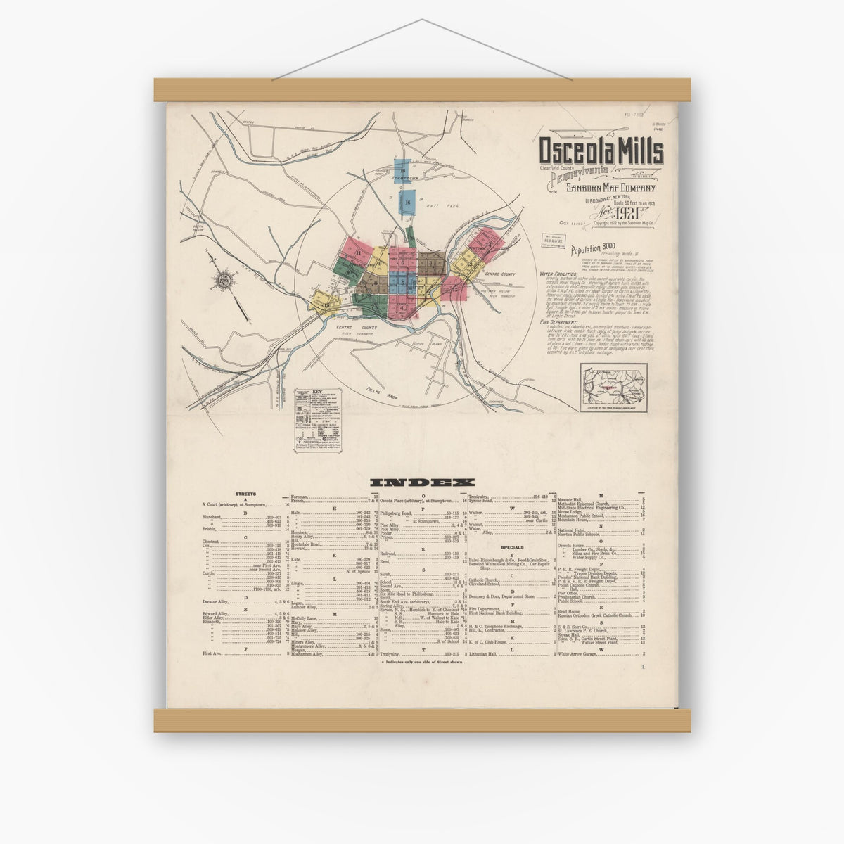 Old map wall art mockup — magnetic wood frame on white wall — Sanborn Fire Insurance Map from Osceola Mills, Clearfield County, Pennsylvania (1921) - Complete Map Set