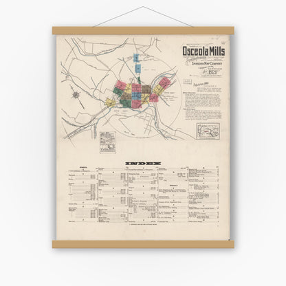 Old map wall art mockup — magnetic wood frame on white wall — Sanborn Fire Insurance Map from Osceola Mills, Clearfield County, Pennsylvania (1921) - Complete Map Set