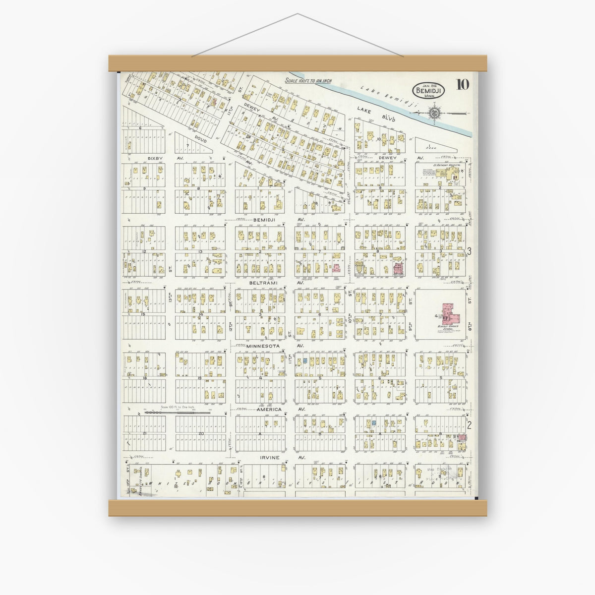 Old map wall art mockup — magnetic wood frame on white wall — Sanborn Fire Insurance Map from Bemidji, Beltrami County, Minnesota (1916), Sheet #0010