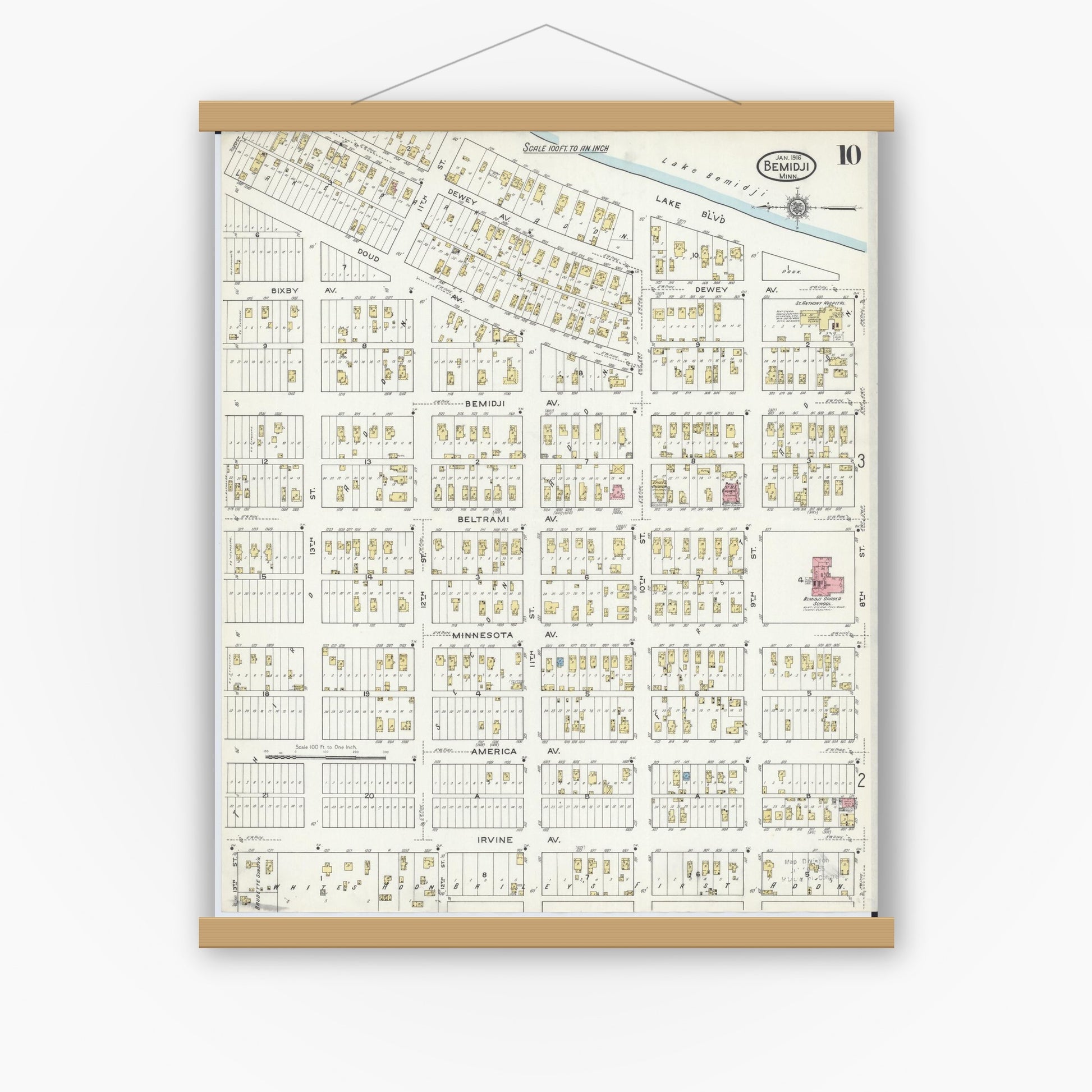 Old map wall art mockup — magnetic wood frame on white wall — Sanborn Fire Insurance Map from Bemidji, Beltrami County, Minnesota (1916), Sheet #0010