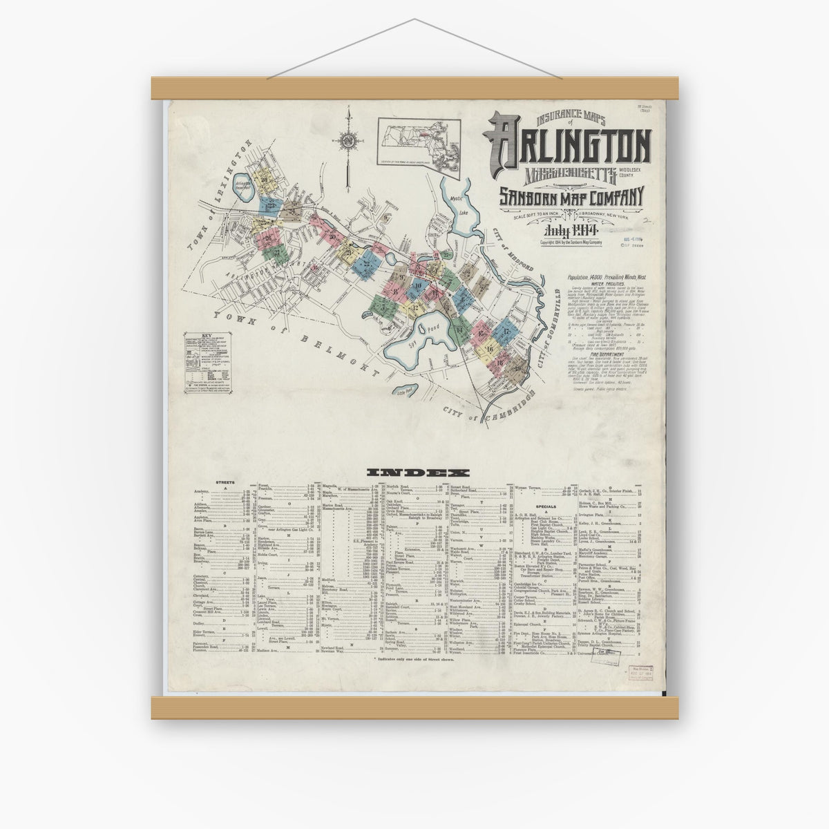 Old map wall art mockup — magnetic wood frame on white wall — Sanborn Fire Insurance Map from Arlington, Middlesex County, Massachusetts (1914), Sheet #0001