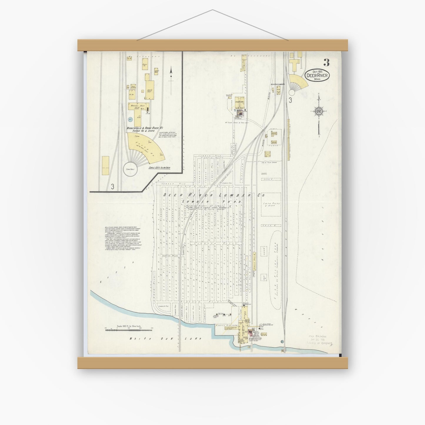 Old map wall art mockup — magnetic wood frame on white wall — Sanborn Fire Insurance Map from Deer River, Itasca County, Minnesota (1913), Sheet #0003