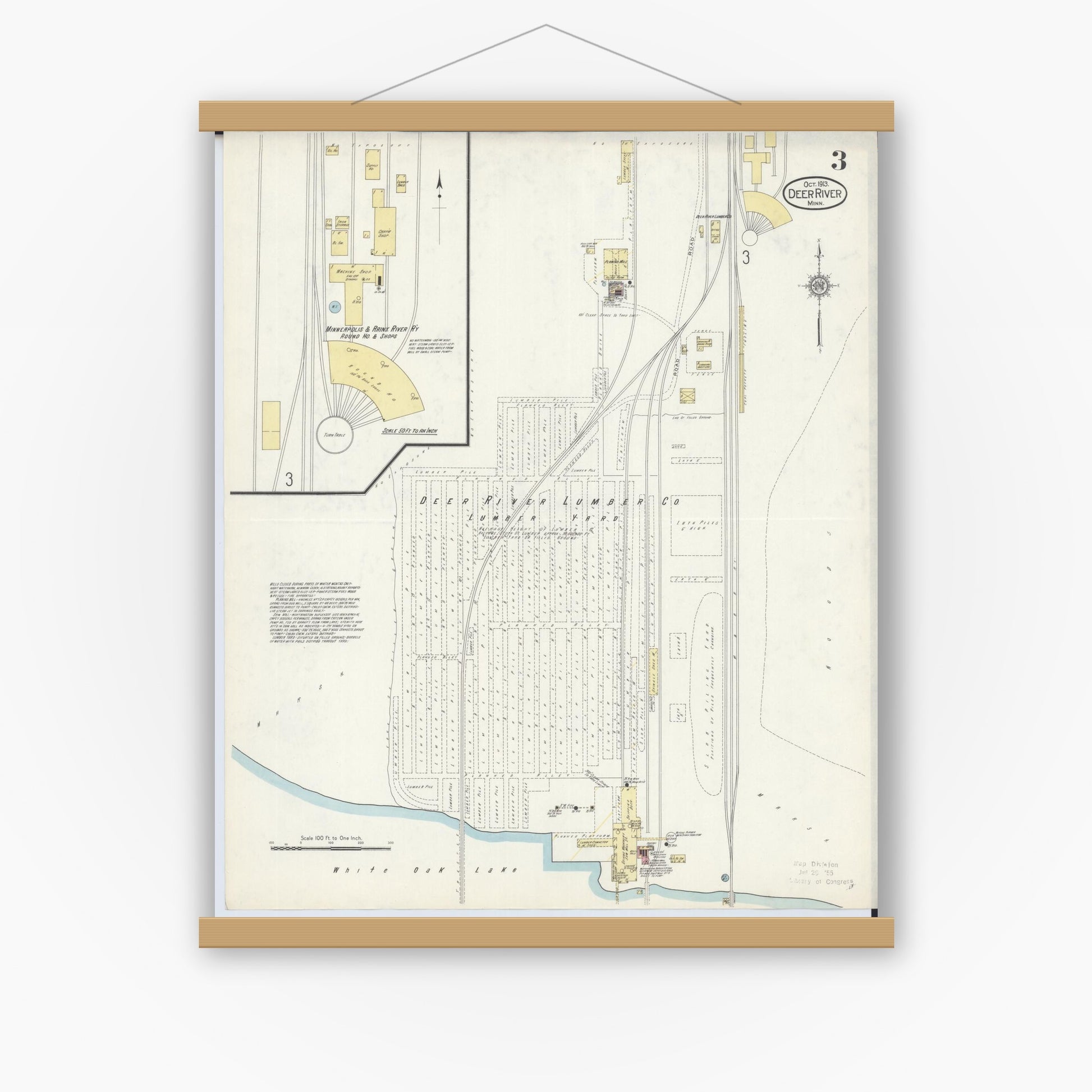 Old map wall art mockup — magnetic wood frame on white wall — Sanborn Fire Insurance Map from Deer River, Itasca County, Minnesota (1913), Sheet #0003