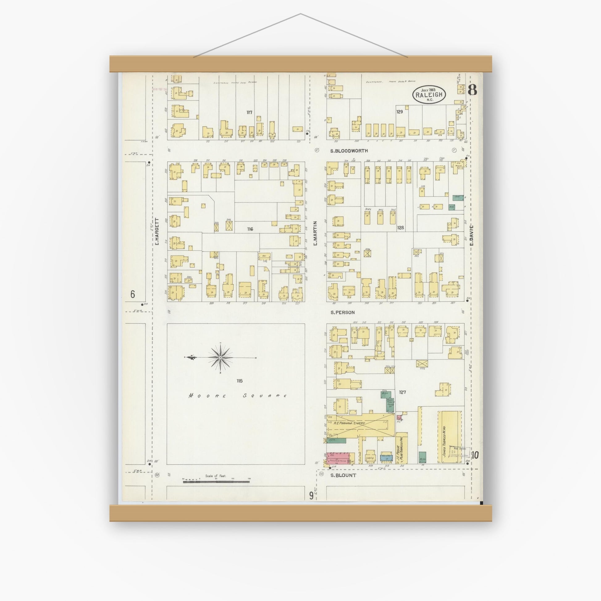 Old map wall art mockup — magnetic wood frame on white wall — Sanborn Fire Insurance Map from Raleigh, Wake County, North Carolina (1903), Sheet #0008