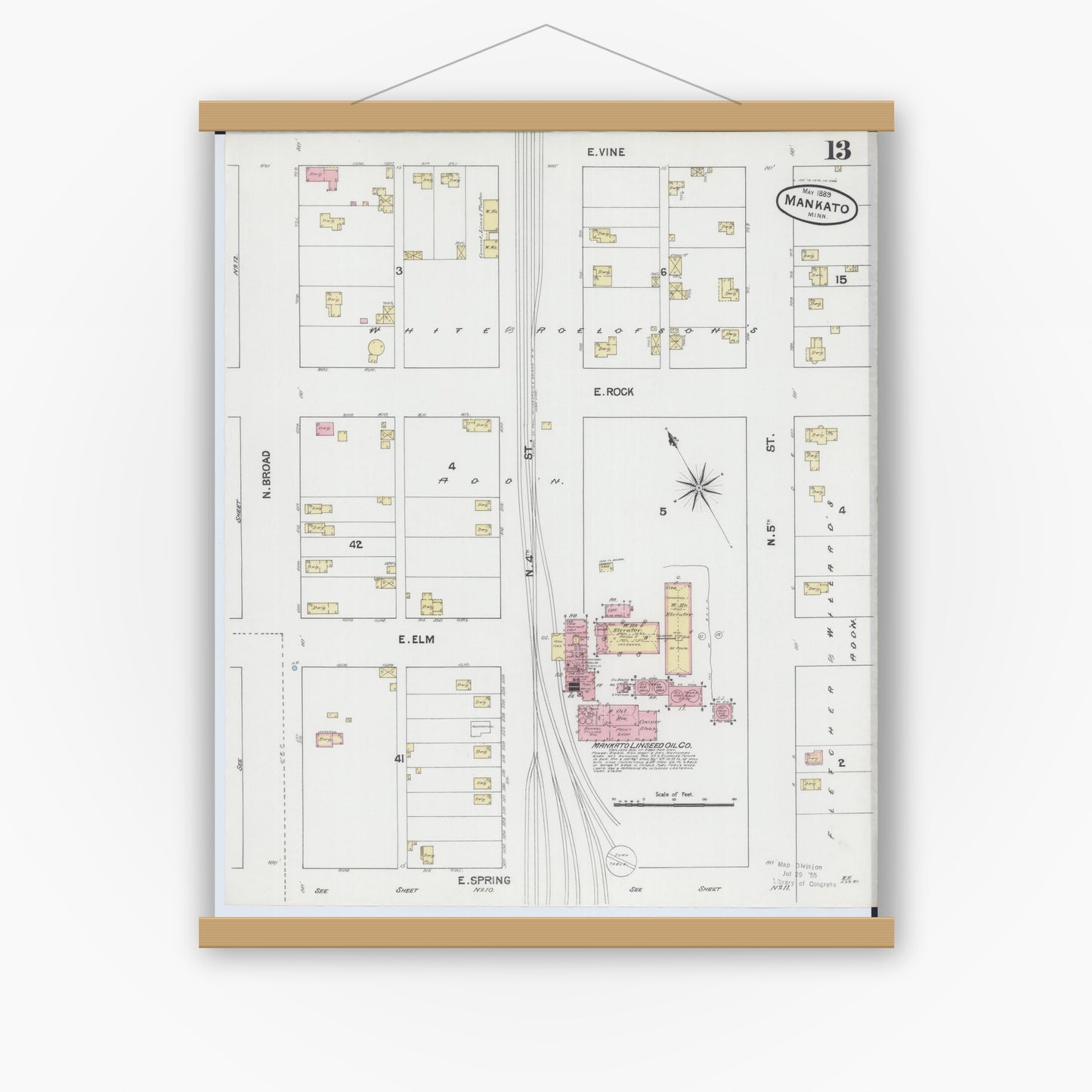 Old map wall art mockup — magnetic wood frame on white wall — Sanborn Fire Insurance Map from Mankato, Blue Earth County, Minnesota (1889), Sheet #0013