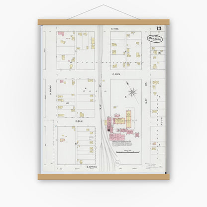 Old map wall art mockup — magnetic wood frame on white wall — Sanborn Fire Insurance Map from Mankato, Blue Earth County, Minnesota (1889), Sheet #0013