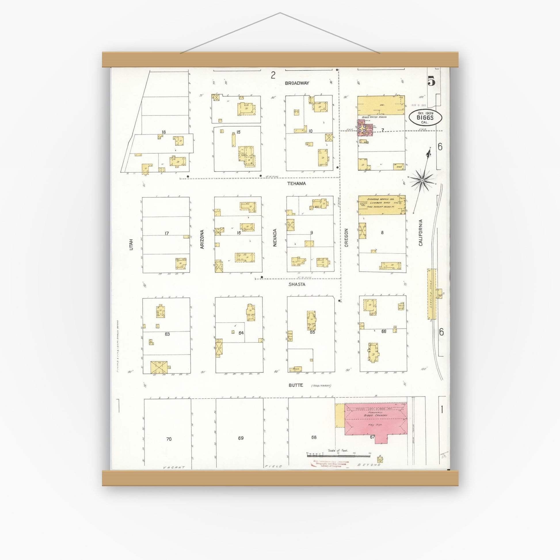 Old map wall art mockup — magnetic wood frame on white wall — Sanborn Fire Insurance Map from Biggs, Butte County, California (1909), Sheet #0005