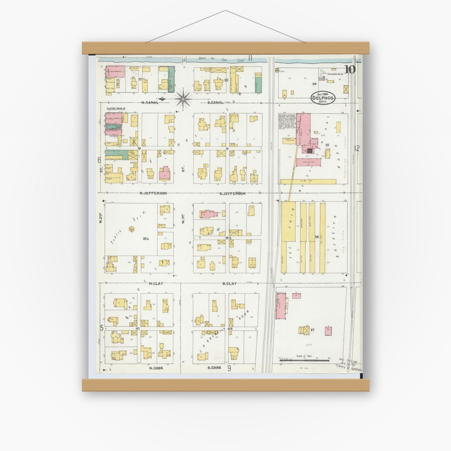 Old map wall art mockup — magnetic wood frame on white wall — Sanborn Fire Insurance Map from Delphos, Van Wert And Allen Counties, Ohio (1904), Sheet #0010