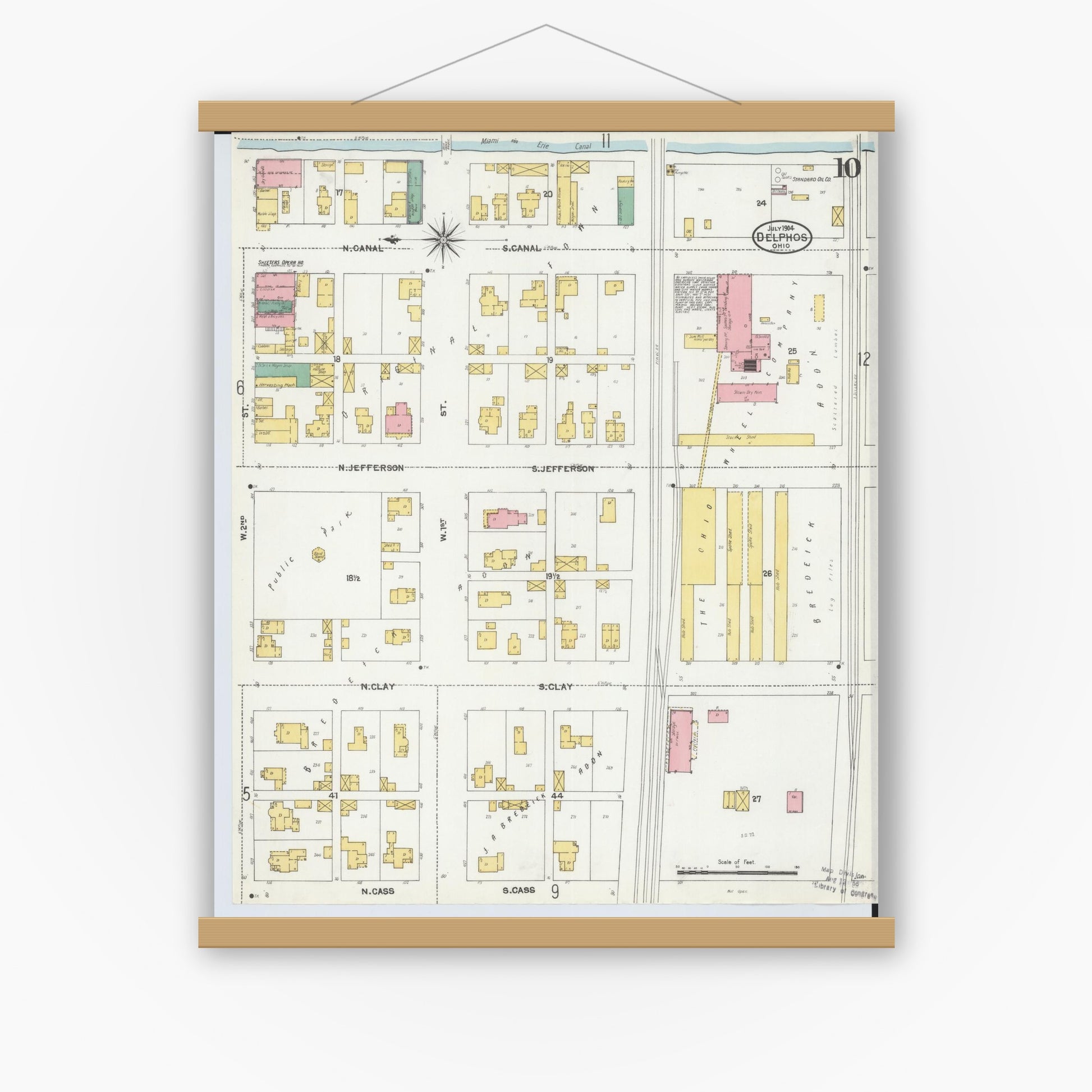 Old map wall art mockup — magnetic wood frame on white wall — Sanborn Fire Insurance Map from Delphos, Van Wert And Allen Counties, Ohio (1904), Sheet #0010