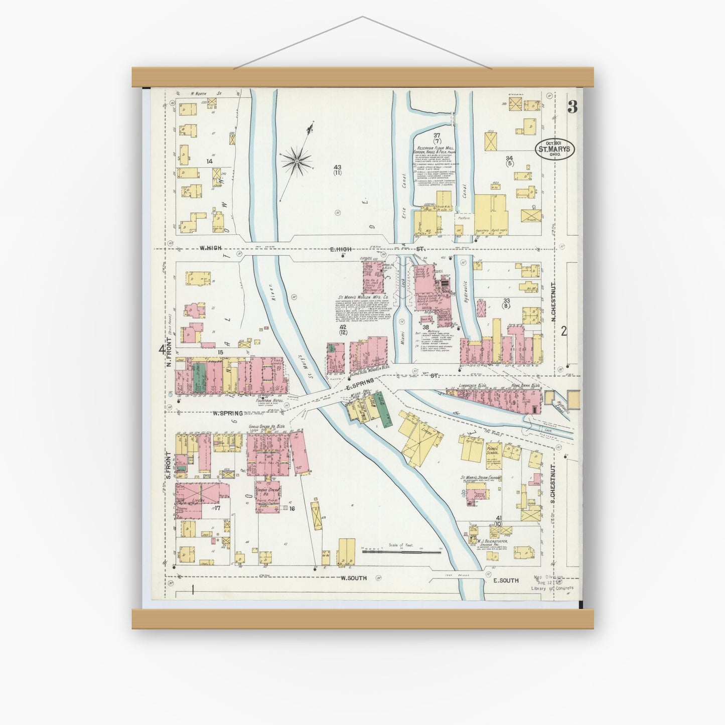 Old map wall art mockup — magnetic wood frame on white wall — Sanborn Fire Insurance Map from Saint Marys, Auglaize County, Ohio (1901), Sheet #0003
