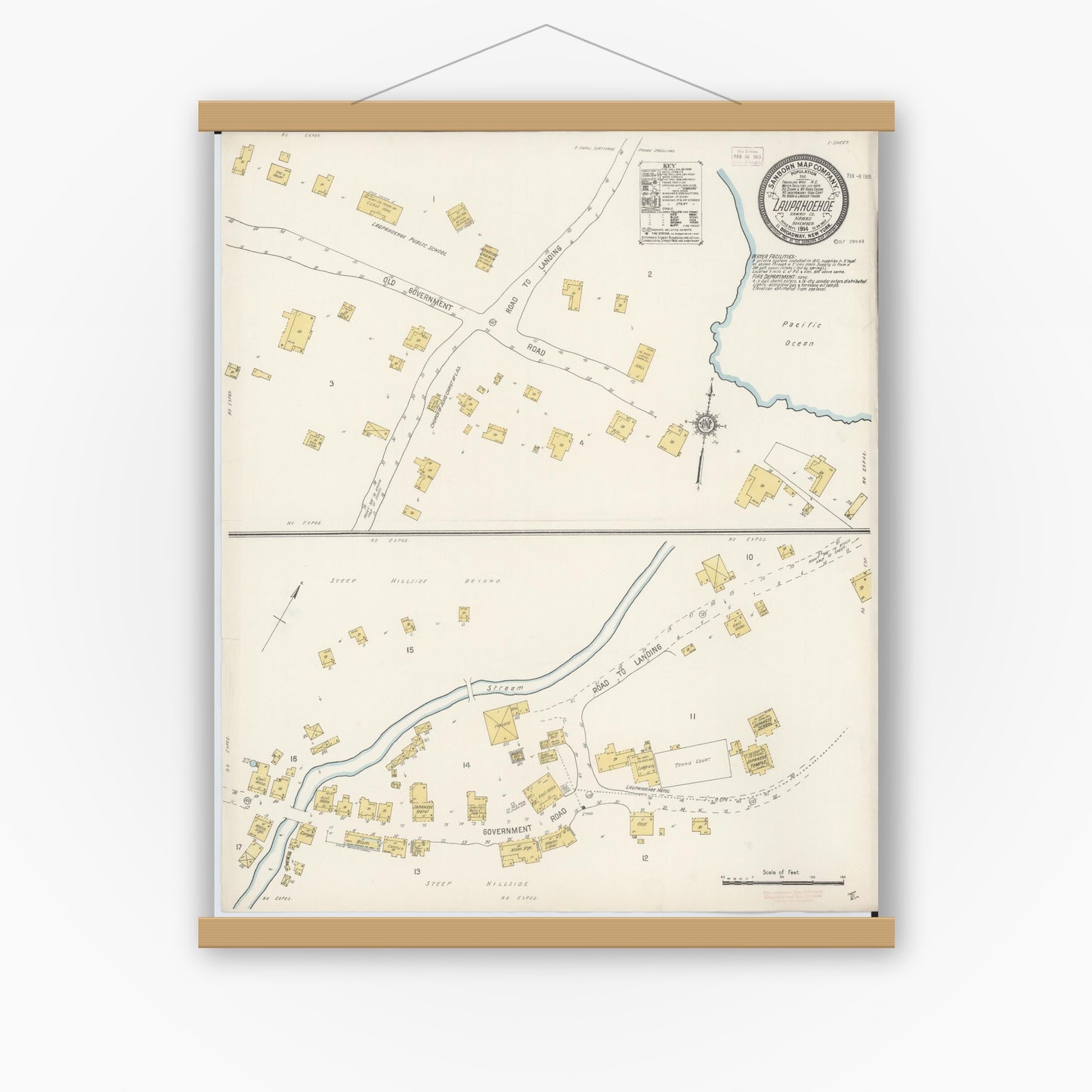 Old map wall art mockup — magnetic wood frame on white wall — Sanborn Fire Insurance Map from Laupahoehoe, Hawaii County, Hawaii (1914), Sheet #0001