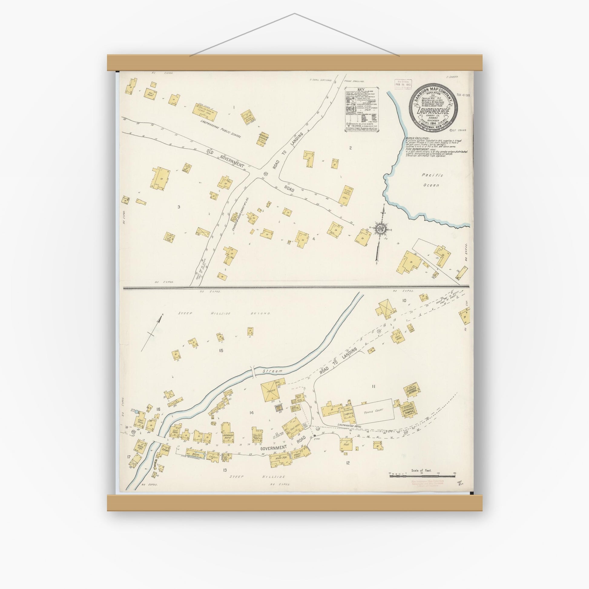 Old map wall art mockup — magnetic wood frame on white wall — Sanborn Fire Insurance Map from Laupahoehoe, Hawaii County, Hawaii (1914), Sheet #0001